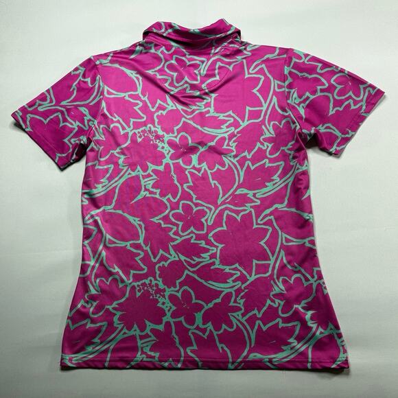 Proud 90 Women's Short Sleeve Pink Green Floral Pattern Golf Polo Shirt - Size L - Picture 3 of 4